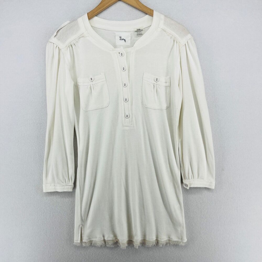 LINQ Top M Popover Tunic Fringed Chiffon Trim Long Sleeve Cotton Blend White